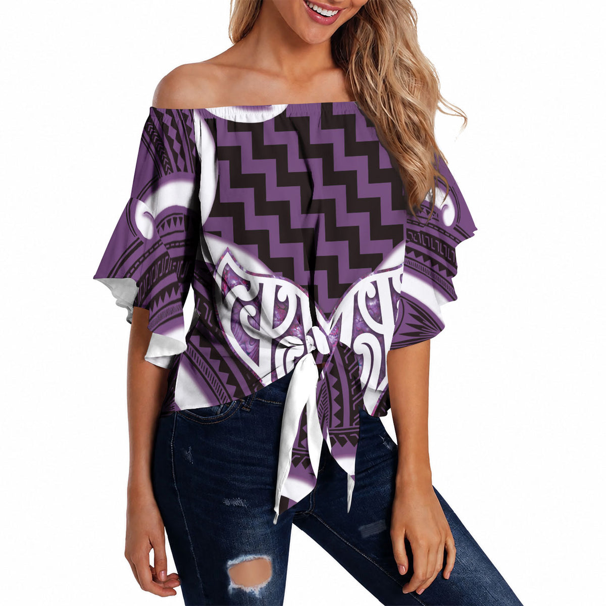 Aotearoa Atua Tangaroa Personalised Off Shoulder Wrap Waist Top God Of The Sea Maori Whale Tail Purple