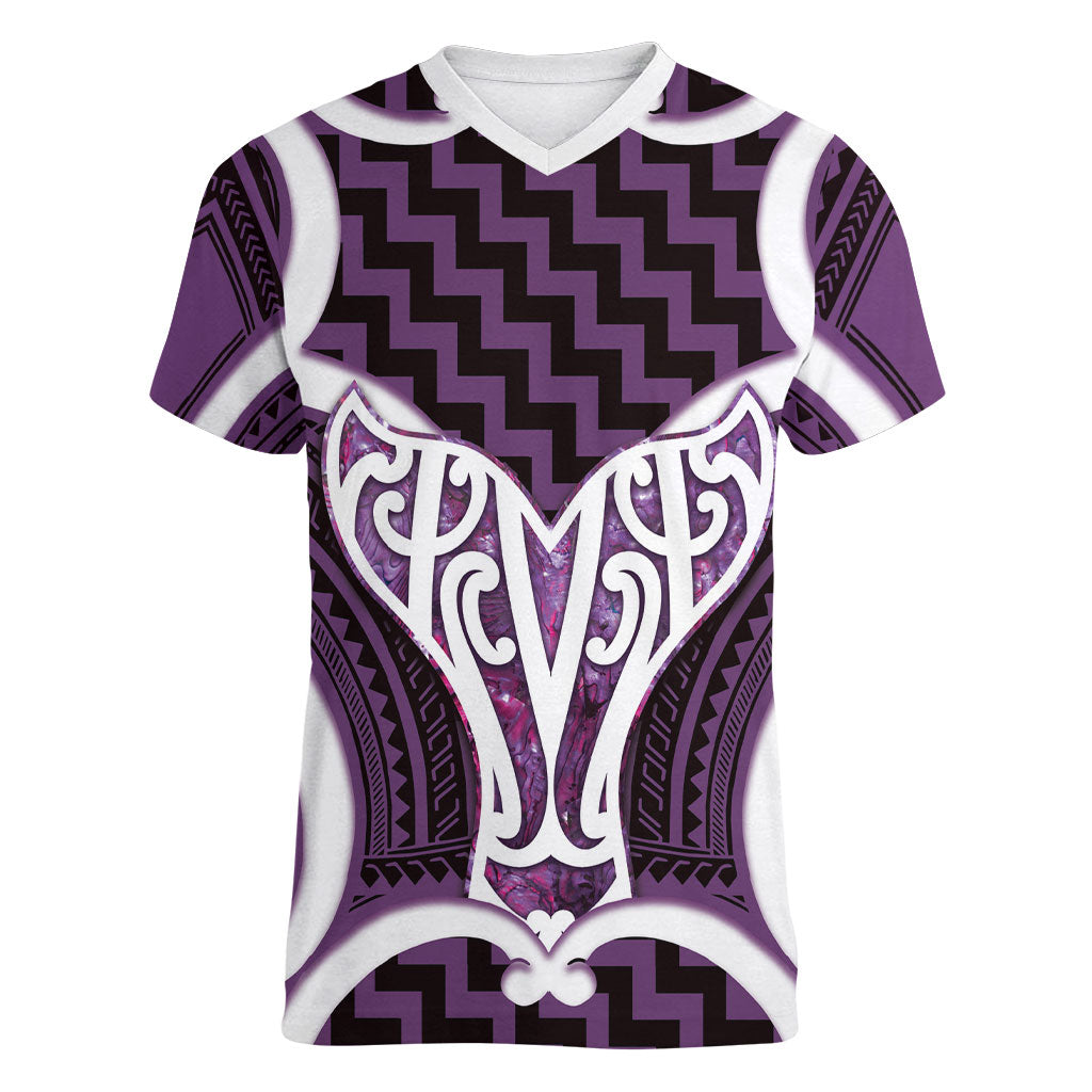 Aotearoa Atua Tangaroa Personalised Women V-Neck T-Shirt God Of The Sea Maori Whale Tail Purple