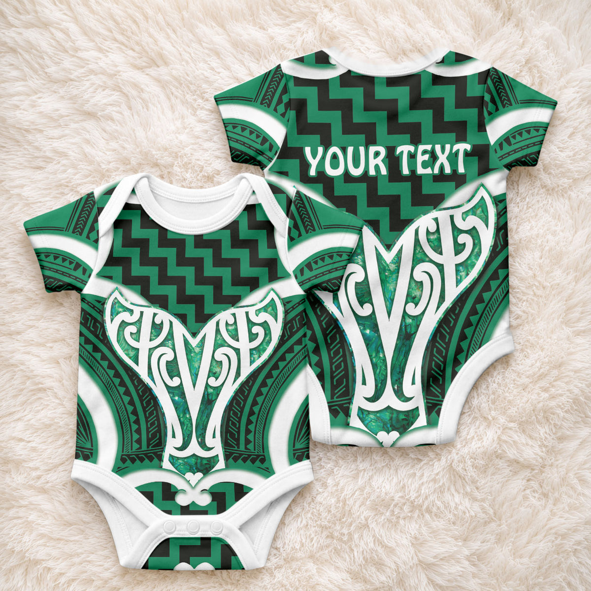 Aotearoa Atua Tangaroa Personalised Baby Onesie God Of The Sea Maori Whale Tail Green