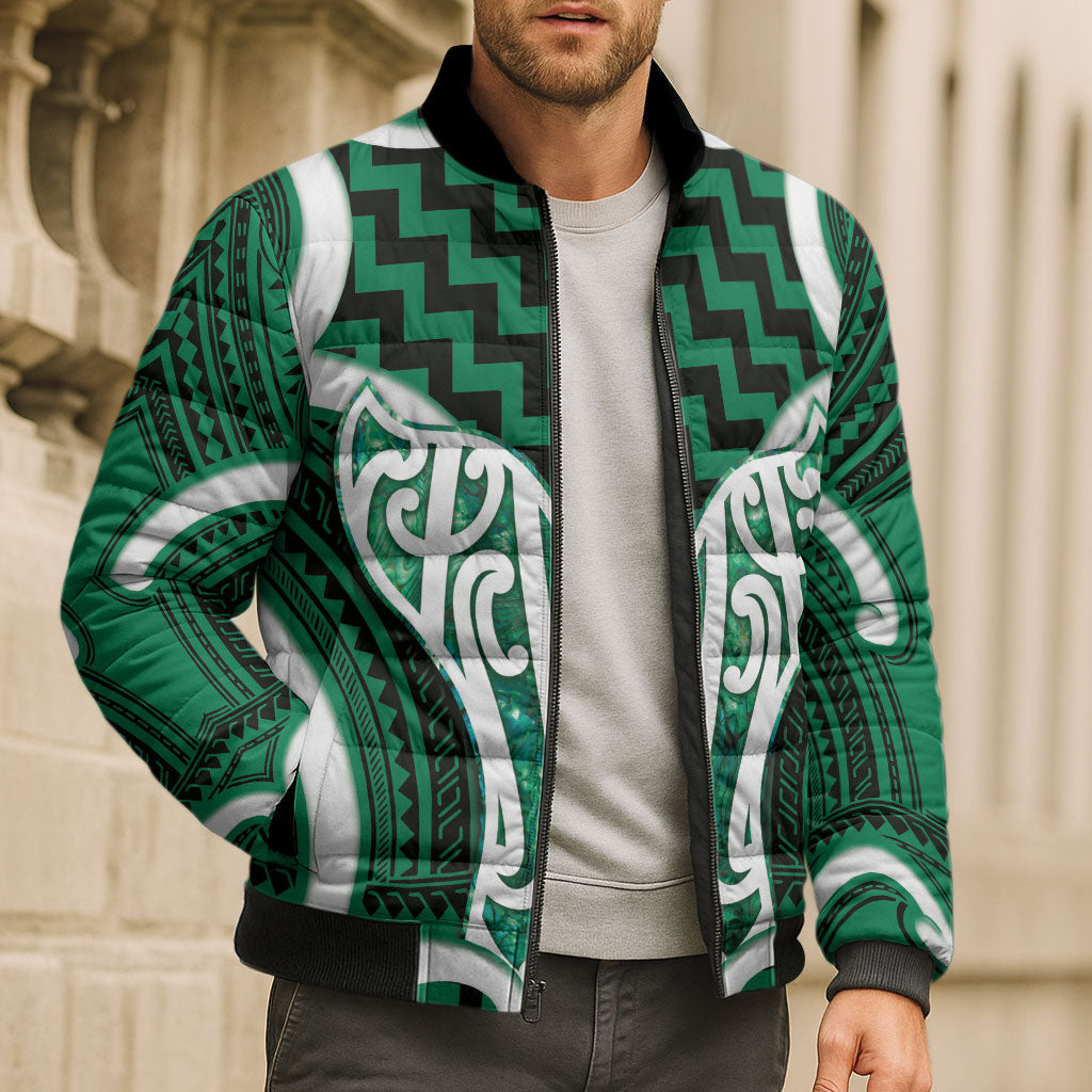 Aotearoa Atua Tangaroa Personalised Bomber Puffer Jacket God Of The Sea Maori Whale Tail Green