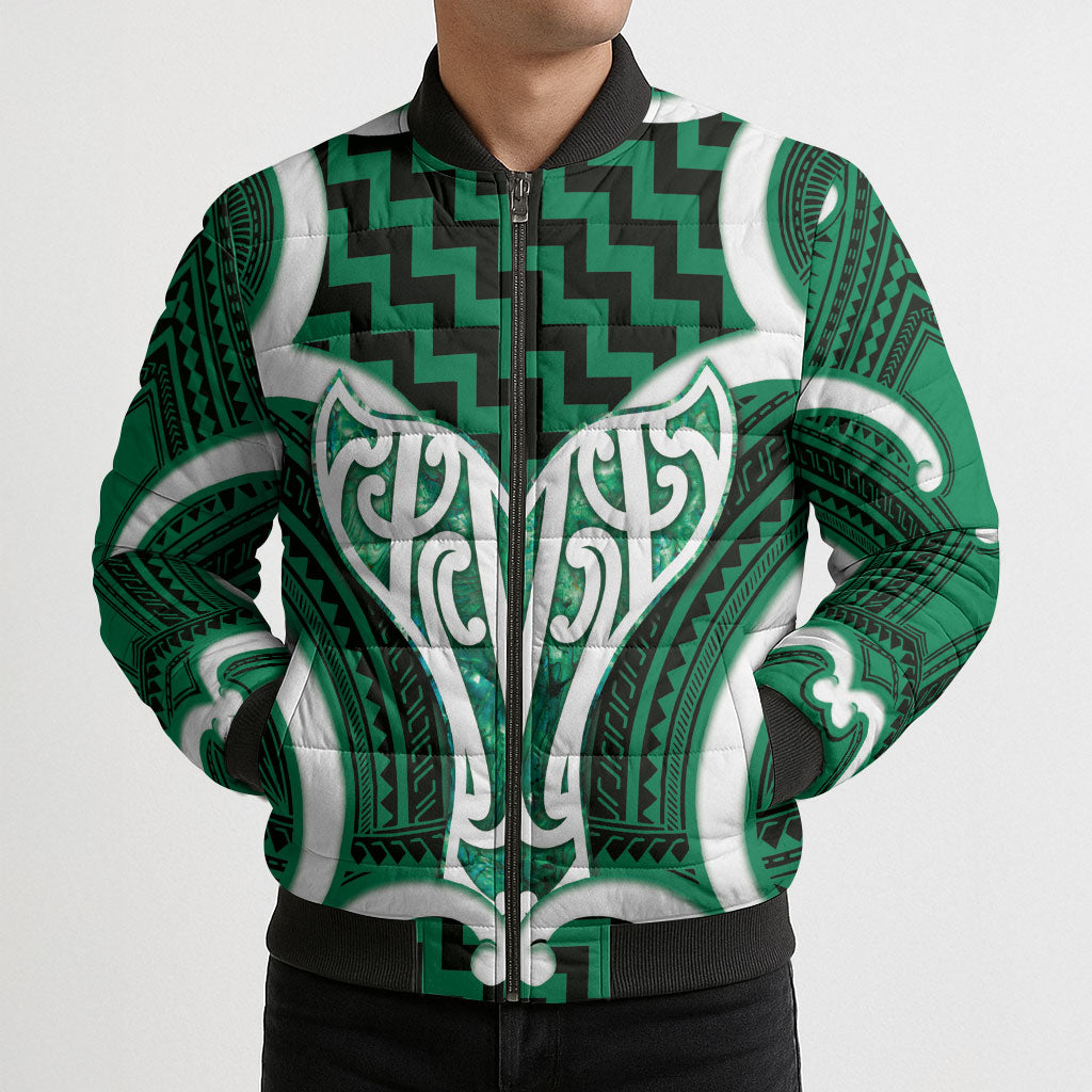 Aotearoa Atua Tangaroa Personalised Bomber Puffer Jacket God Of The Sea Maori Whale Tail Green