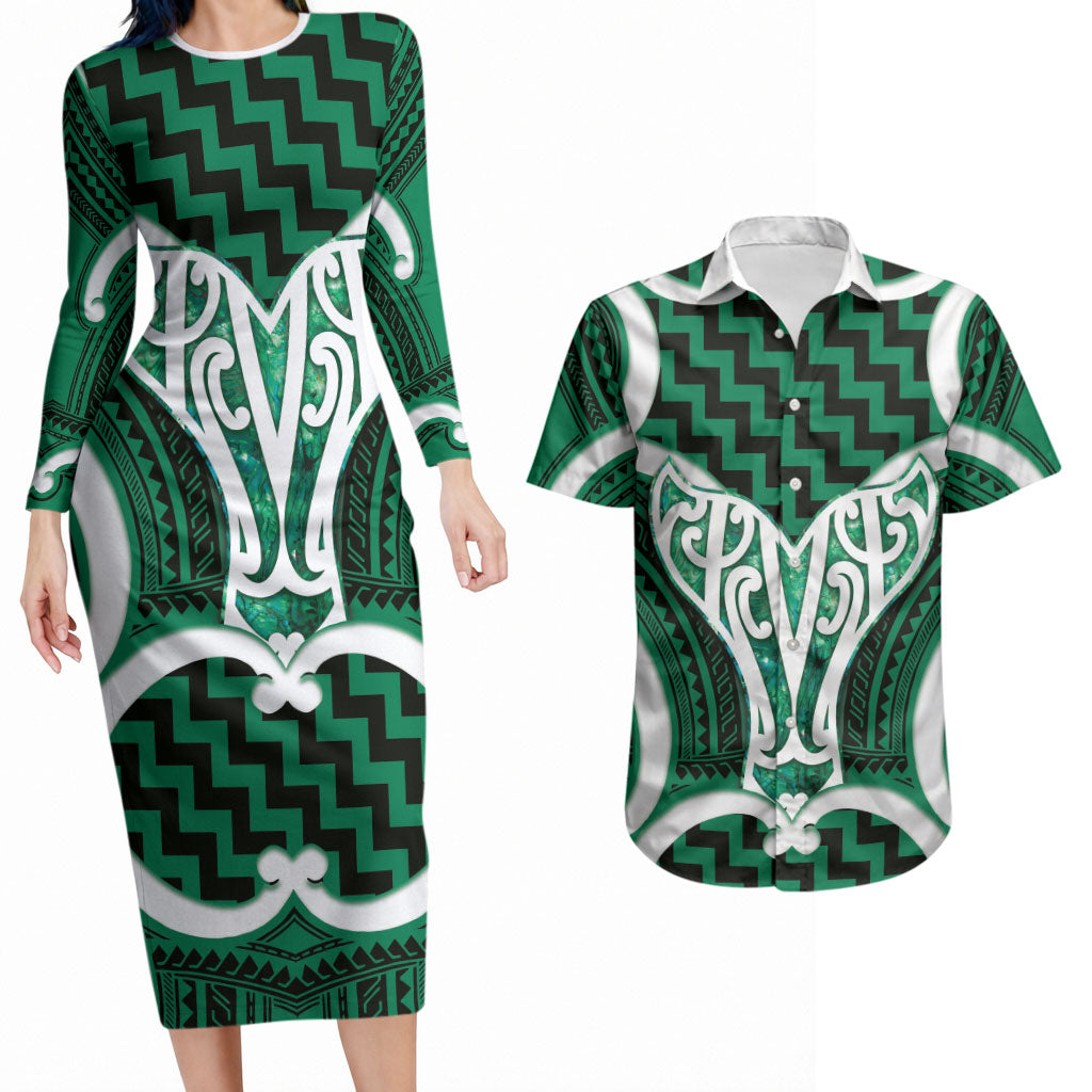 Aotearoa Atua Tangaroa Personalised Couples Matching Long Sleeve Bodycon Dress and Hawaiian Shirt God Of The Sea Maori Whale Tail Green