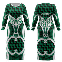 Aotearoa Atua Tangaroa Personalised Couples Matching Long Sleeve Bodycon Dress and Hawaiian Shirt God Of The Sea Maori Whale Tail Green