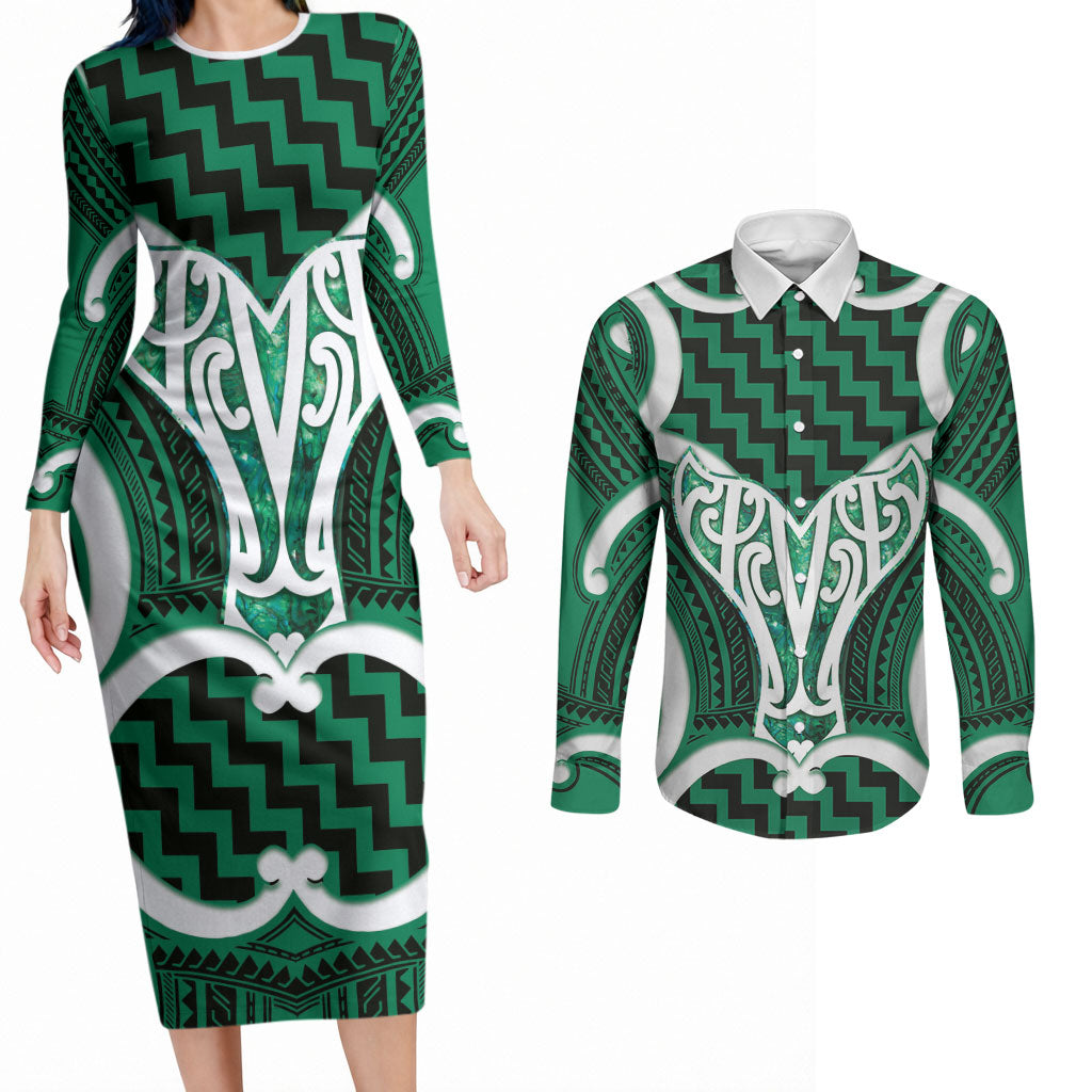 Aotearoa Atua Tangaroa Personalised Couples Matching Long Sleeve Bodycon Dress and Long Sleeve Button Shirt God Of The Sea Maori Whale Tail Green