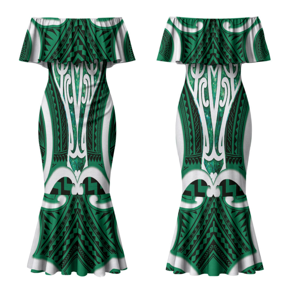 Aotearoa Atua Tangaroa Personalised Couples Matching Mermaid Dress and Hawaiian Shirt God Of The Sea Maori Whale Tail Green