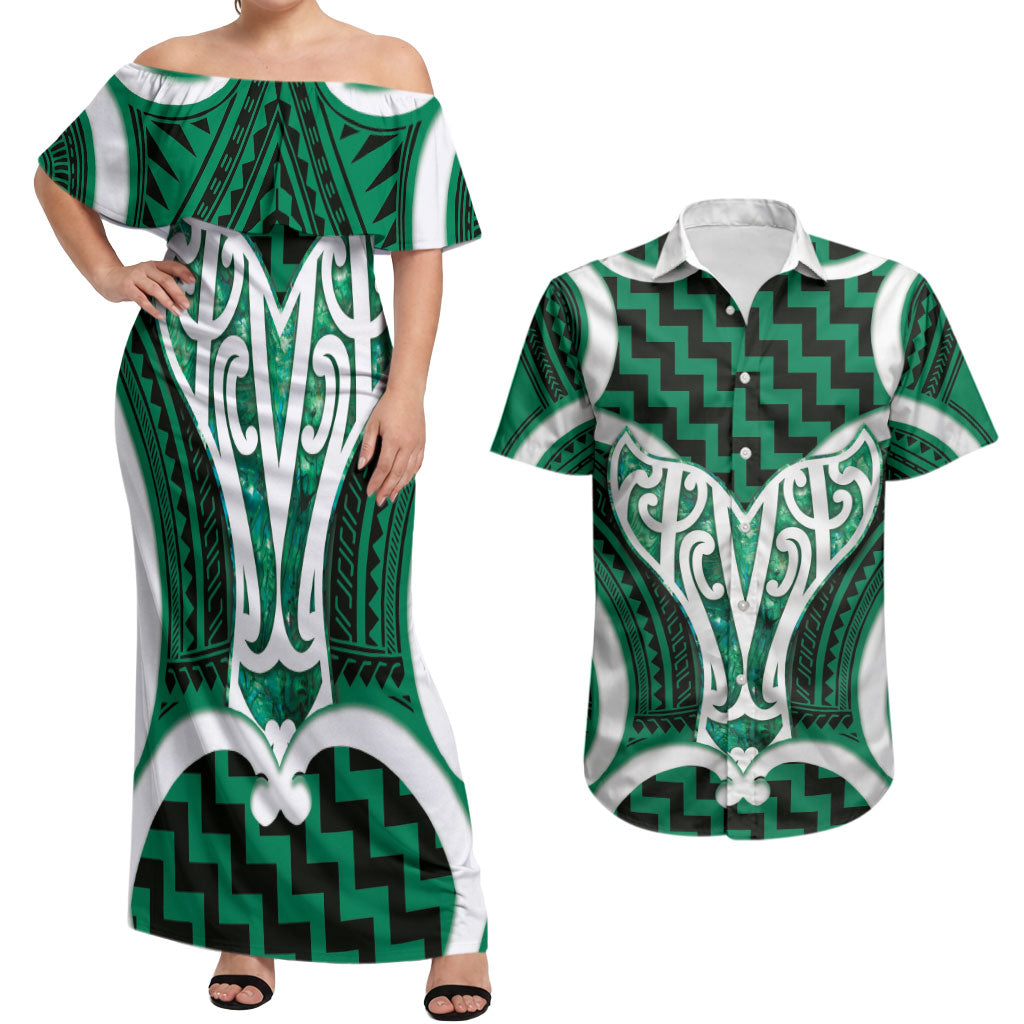 Aotearoa Atua Tangaroa Personalised Couples Matching Off Shoulder Maxi Dress and Hawaiian Shirt God Of The Sea Maori Whale Tail Green