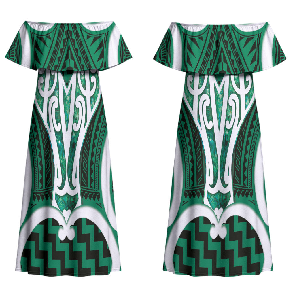Aotearoa Atua Tangaroa Personalised Couples Matching Off Shoulder Maxi Dress and Hawaiian Shirt God Of The Sea Maori Whale Tail Green