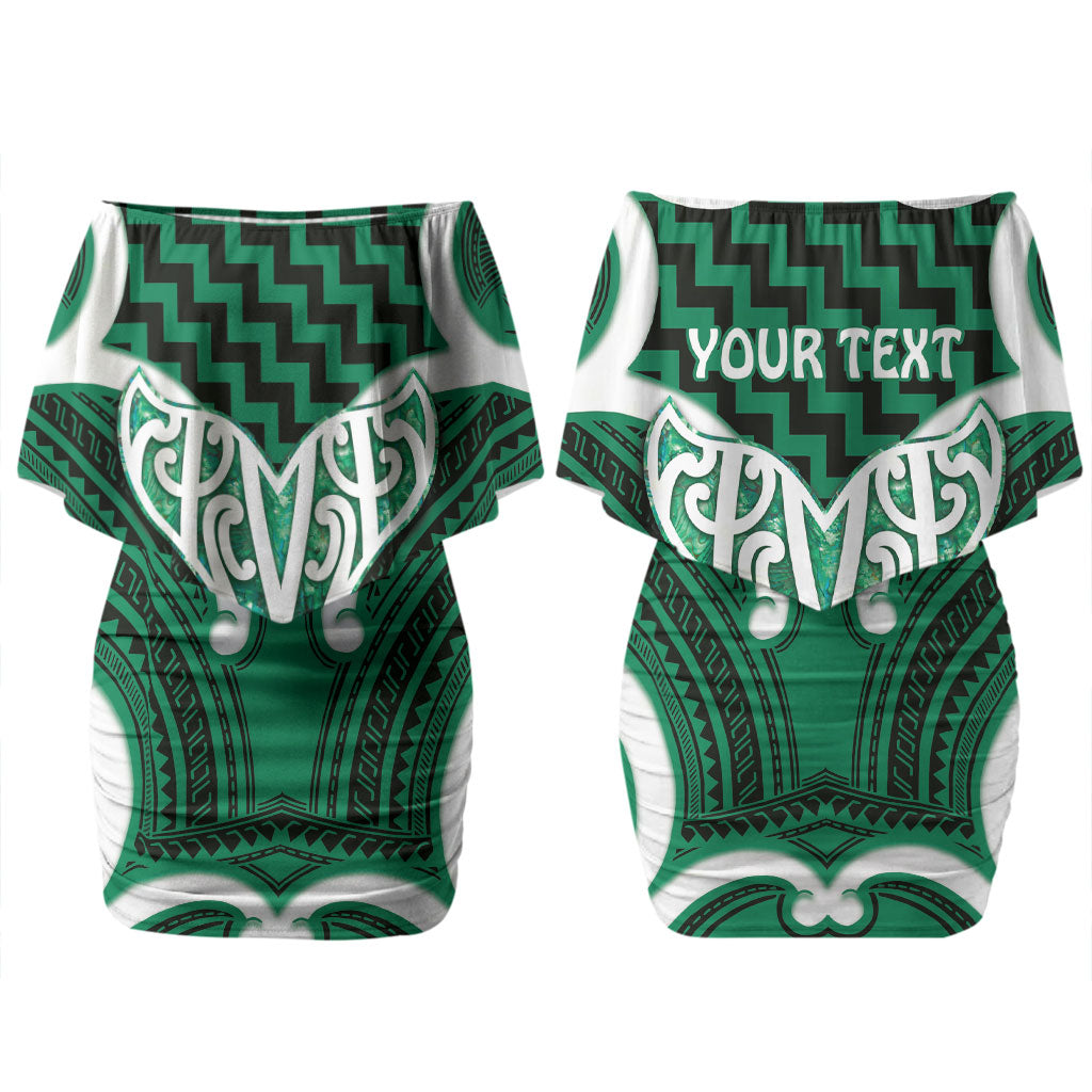 Aotearoa Atua Tangaroa Personalised Couples Matching Off Shoulder Short Dress and Hawaiian Shirt God Of The Sea Maori Whale Tail Green