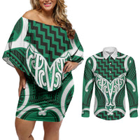 Aotearoa Atua Tangaroa Personalised Couples Matching Off Shoulder Short Dress and Long Sleeve Button Shirt God Of The Sea Maori Whale Tail Green