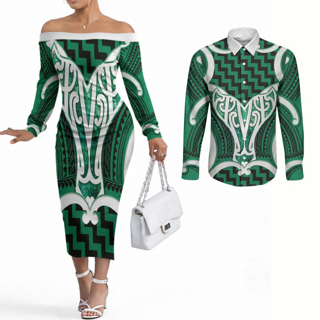 Aotearoa Atua Tangaroa Personalised Couples Matching Off The Shoulder Long Sleeve Dress and Long Sleeve Button Shirt God Of The Sea Maori Whale Tail Green