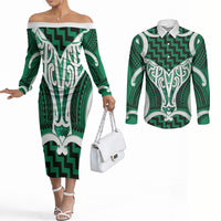Aotearoa Atua Tangaroa Personalised Couples Matching Off The Shoulder Long Sleeve Dress and Long Sleeve Button Shirt God Of The Sea Maori Whale Tail Green