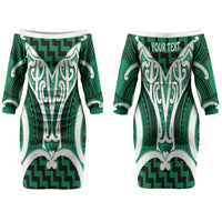 Aotearoa Atua Tangaroa Personalised Couples Matching Off The Shoulder Long Sleeve Dress and Long Sleeve Button Shirt God Of The Sea Maori Whale Tail Green