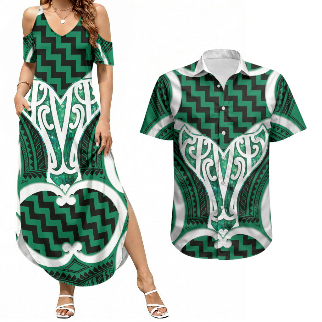 Aotearoa Atua Tangaroa Personalised Couples Matching Summer Maxi Dress and Hawaiian Shirt God Of The Sea Maori Whale Tail Green