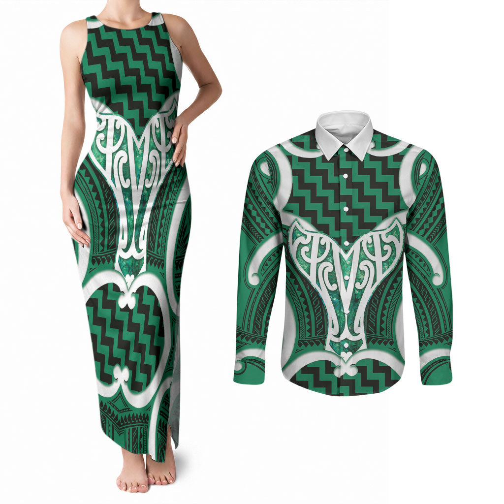 Aotearoa Atua Tangaroa Personalised Couples Matching Tank Maxi Dress and Long Sleeve Button Shirt God Of The Sea Maori Whale Tail Green