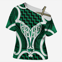 Aotearoa Atua Tangaroa Personalised Cross Shoulder Shirt God Of The Sea Maori Whale Tail Green
