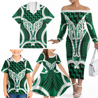 Aotearoa Atua Tangaroa Personalised Family Matching Off The Shoulder Long Sleeve Dress and Hawaiian Shirt God Of The Sea Maori Whale Tail Green