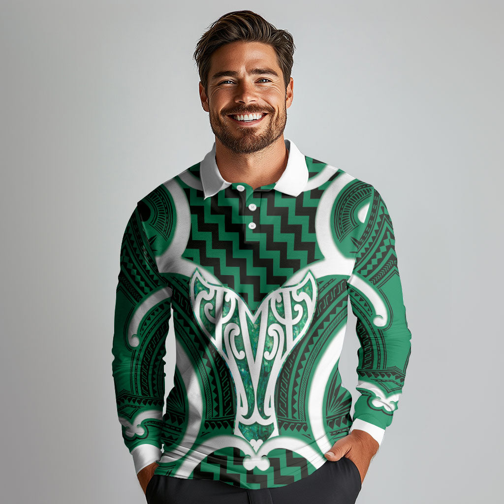 Aotearoa Atua Tangaroa Personalised Long Sleeve Polo Shirt God Of The Sea Maori Whale Tail Green