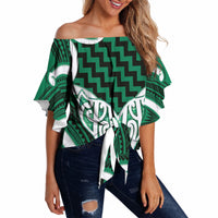 Aotearoa Atua Tangaroa Personalised Off Shoulder Wrap Waist Top God Of The Sea Maori Whale Tail Green