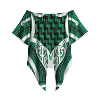Aotearoa Atua Tangaroa Personalised Off Shoulder Wrap Waist Top God Of The Sea Maori Whale Tail Green