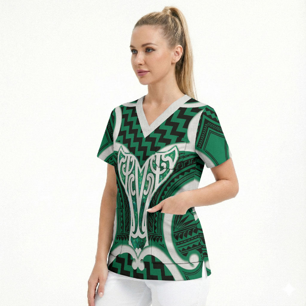 Aotearoa Atua Tangaroa Personalised Scrub Top God Of The Sea Maori Whale Tail Green