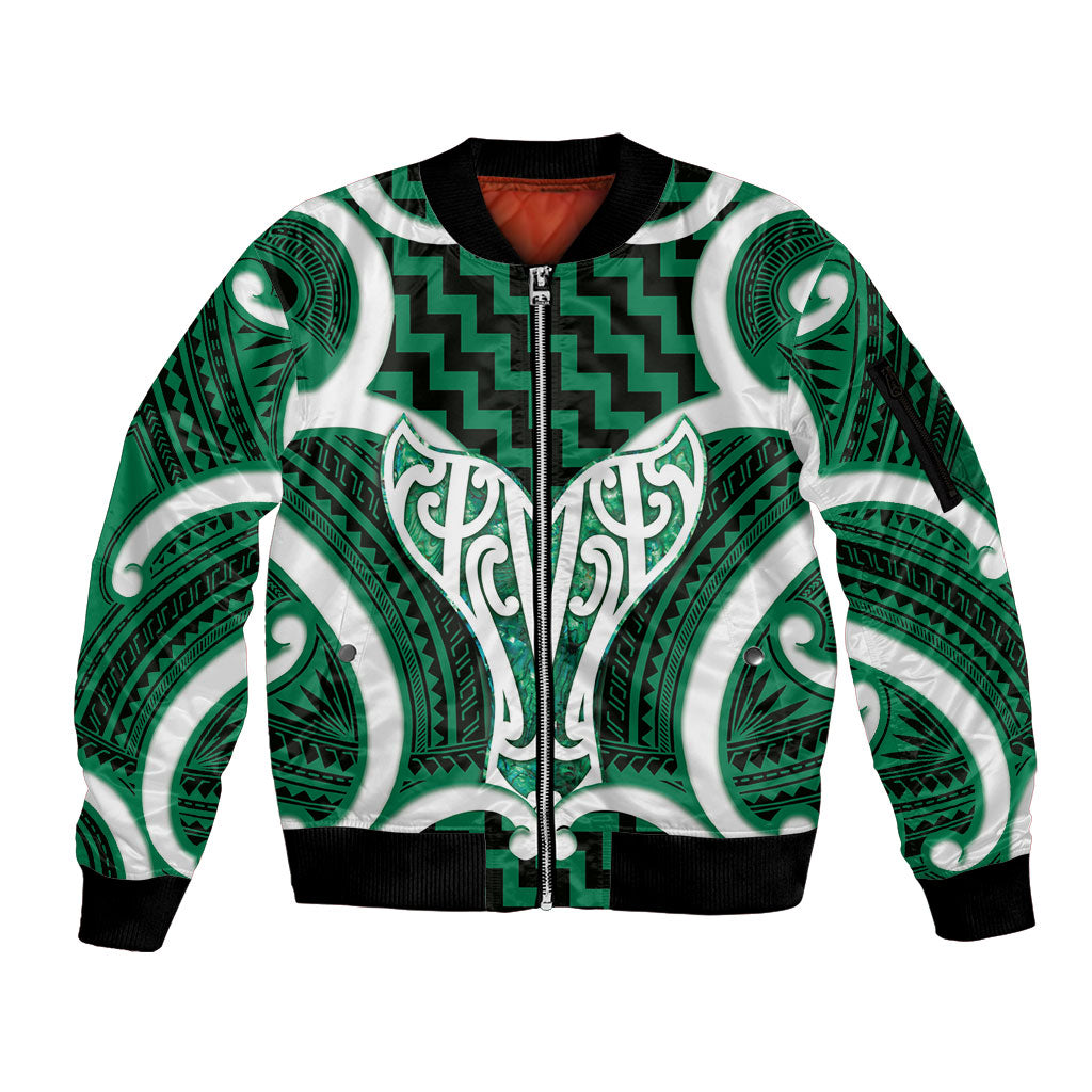 Aotearoa Atua Tangaroa Personalised Sleeve Zip Bomber Jacket God Of The Sea Maori Whale Tail Green