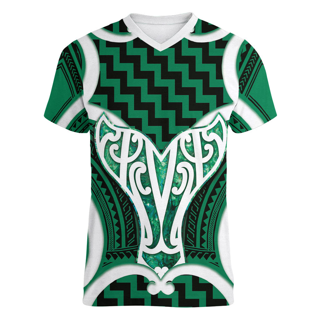 Aotearoa Atua Tangaroa Personalised Women V-Neck T-Shirt God Of The Sea Maori Whale Tail Green