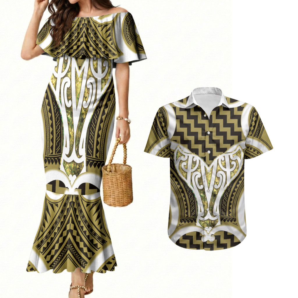Aotearoa Atua Tangaroa Personalised Couples Matching Mermaid Dress and Hawaiian Shirt God Of The Sea Maori Whale Tail Yellow