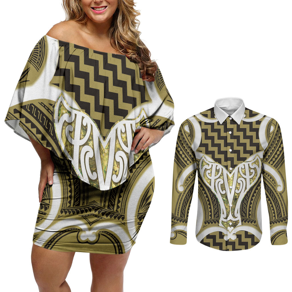 Aotearoa Atua Tangaroa Personalised Couples Matching Off Shoulder Short Dress and Long Sleeve Button Shirt God Of The Sea Maori Whale Tail Yellow