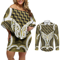 Aotearoa Atua Tangaroa Personalised Couples Matching Off Shoulder Short Dress and Long Sleeve Button Shirt God Of The Sea Maori Whale Tail Yellow