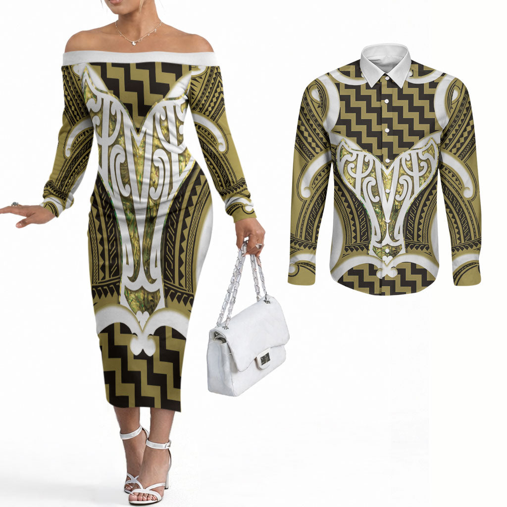 Aotearoa Atua Tangaroa Personalised Couples Matching Off The Shoulder Long Sleeve Dress and Long Sleeve Button Shirt God Of The Sea Maori Whale Tail Yellow