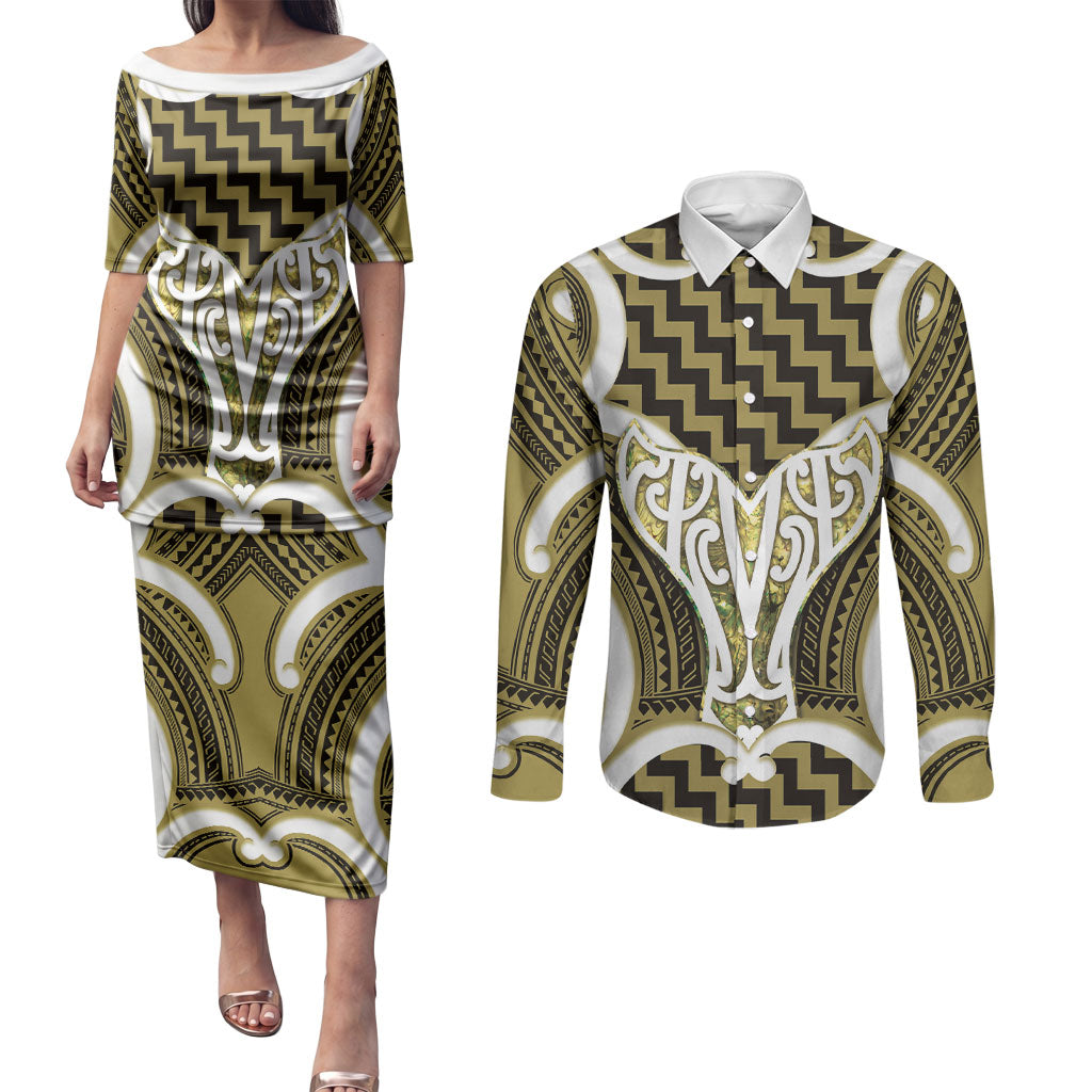 Aotearoa Atua Tangaroa Personalised Couples Matching Puletasi and Long Sleeve Button Shirt God Of The Sea Maori Whale Tail Yellow