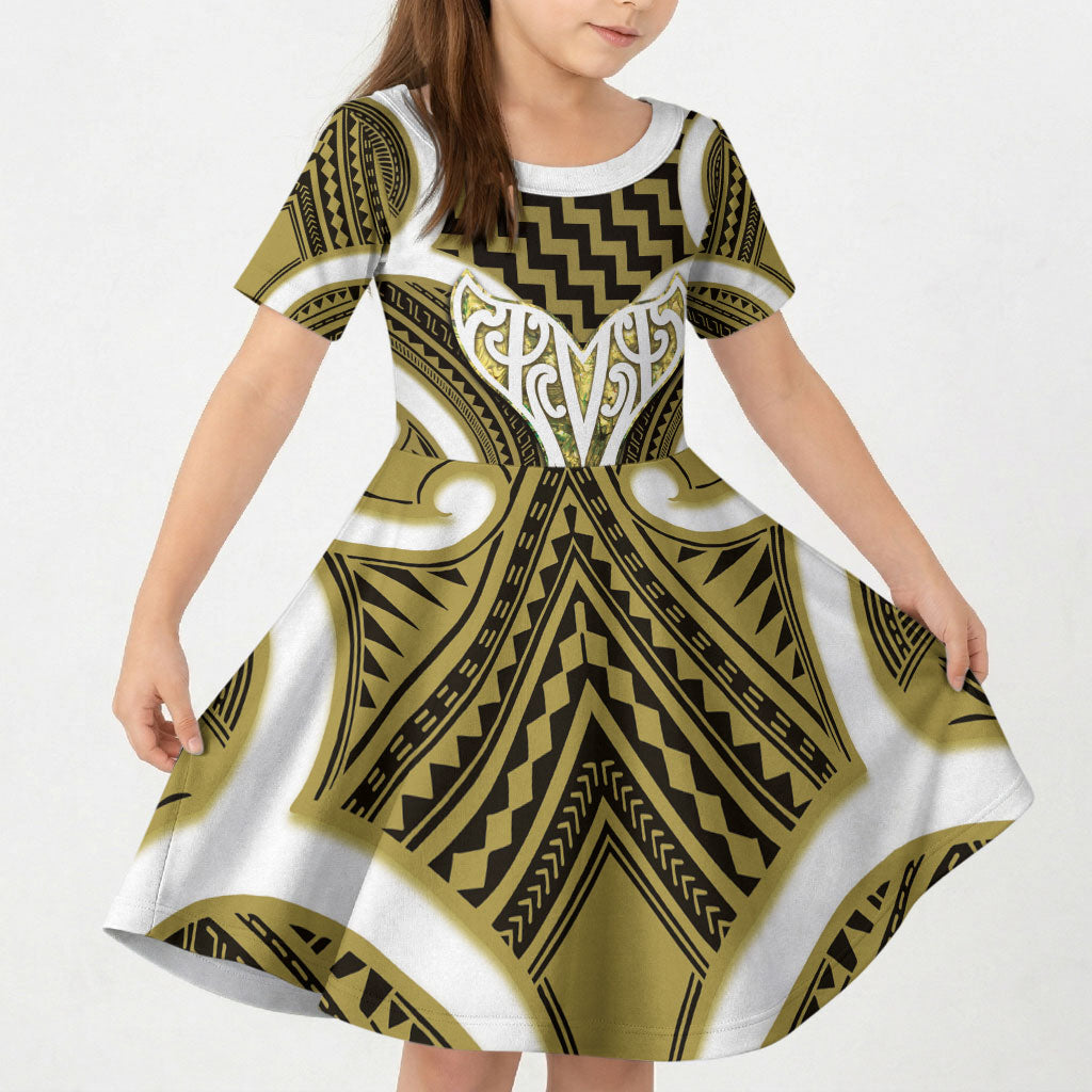 Aotearoa Atua Tangaroa Personalised Kid Short Sleeve Dress God Of The Sea Maori Whale Tail Yellow