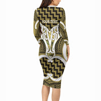 Aotearoa Atua Tangaroa Personalised Long Sleeve Bodycon Dress God Of The Sea Maori Whale Tail Yellow