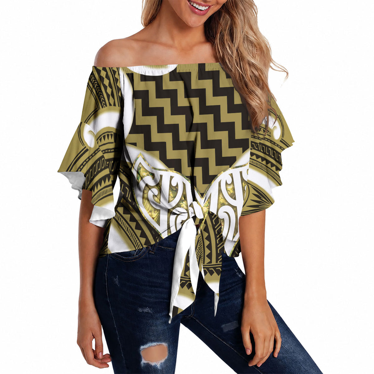 Aotearoa Atua Tangaroa Personalised Off Shoulder Wrap Waist Top God Of The Sea Maori Whale Tail Yellow