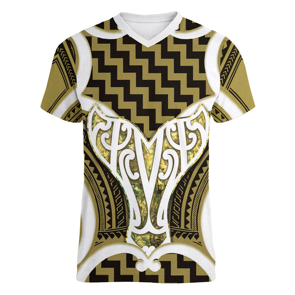 Aotearoa Atua Tangaroa Personalised Women V-Neck T-Shirt God Of The Sea Maori Whale Tail Yellow