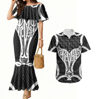 Aotearoa Atua Tangaroa Personalised Couples Matching Mermaid Dress and Hawaiian Shirt God Of The Sea Maori Whale Tail Black