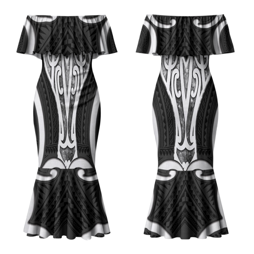 Aotearoa Atua Tangaroa Personalised Couples Matching Mermaid Dress and Hawaiian Shirt God Of The Sea Maori Whale Tail Black