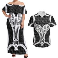 Aotearoa Atua Tangaroa Personalised Couples Matching Off Shoulder Maxi Dress and Hawaiian Shirt God Of The Sea Maori Whale Tail Black