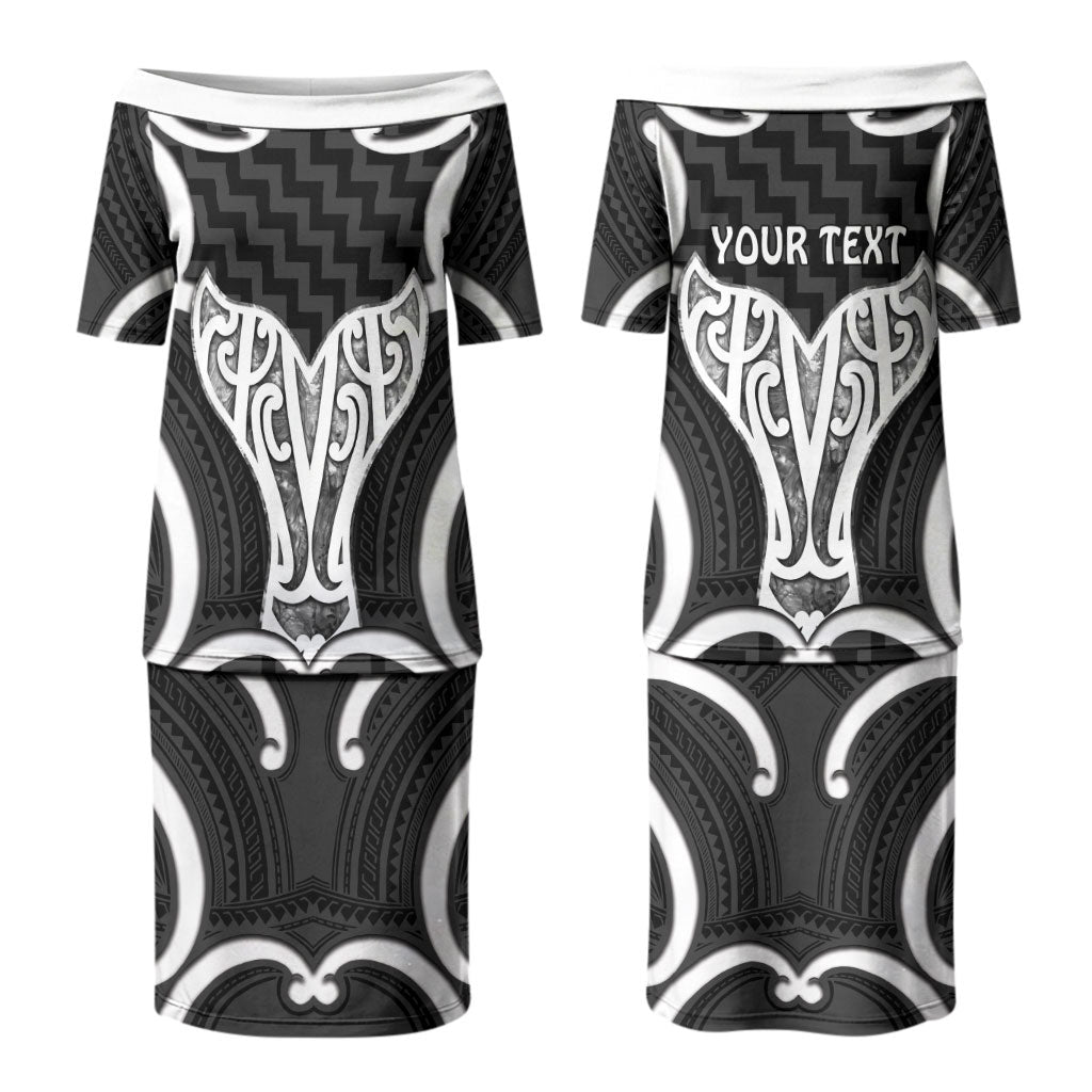 Aotearoa Atua Tangaroa Personalised Couples Matching Puletasi and Long Sleeve Button Shirt God Of The Sea Maori Whale Tail Black