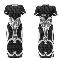 Aotearoa Atua Tangaroa Personalised Couples Matching Short Sleeve Bodycon Dress and Long Sleeve Button Shirt God Of The Sea Maori Whale Tail Black