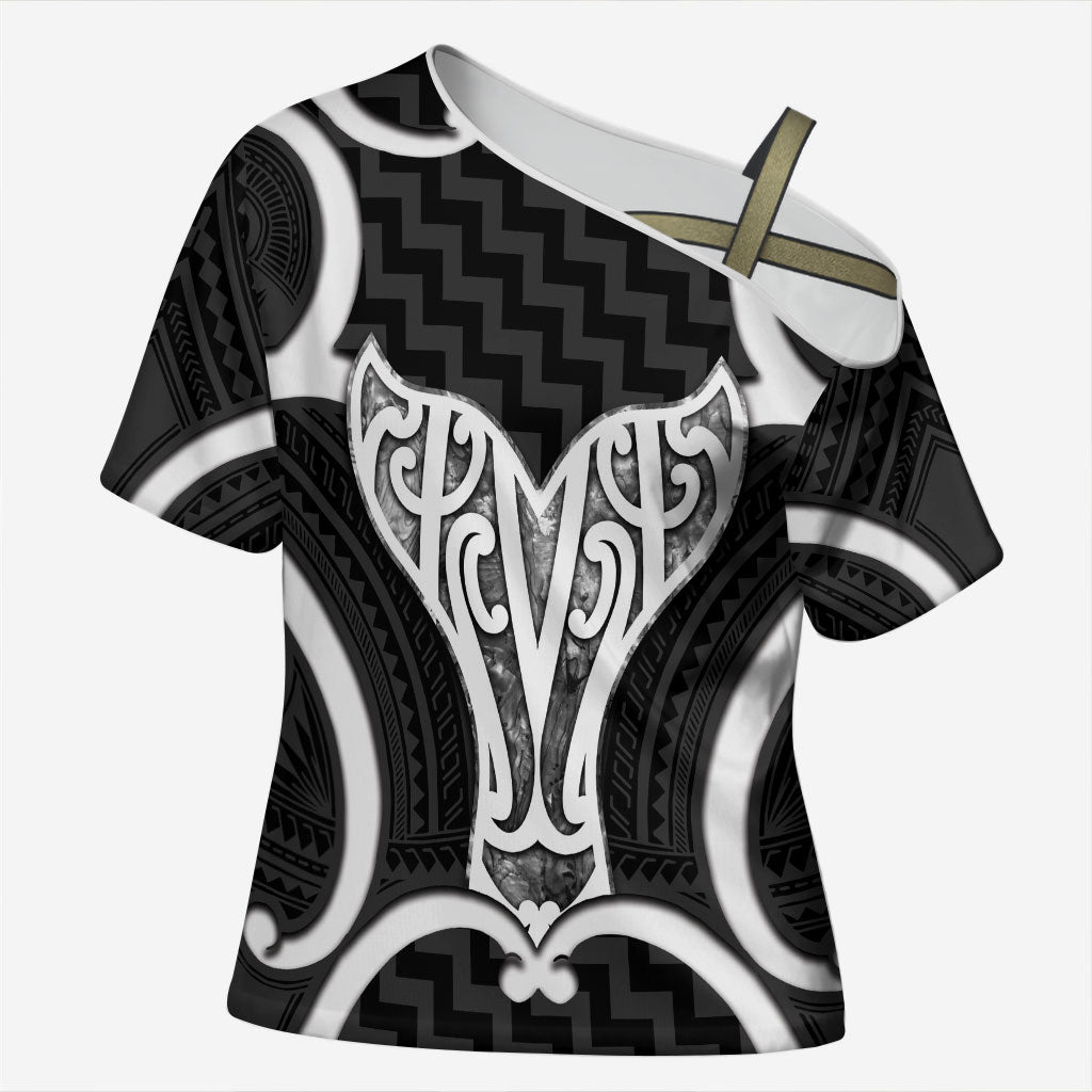 Aotearoa Atua Tangaroa Personalised Cross Shoulder Shirt God Of The Sea Maori Whale Tail Black