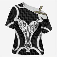 Aotearoa Atua Tangaroa Personalised Cross Shoulder Shirt God Of The Sea Maori Whale Tail Black