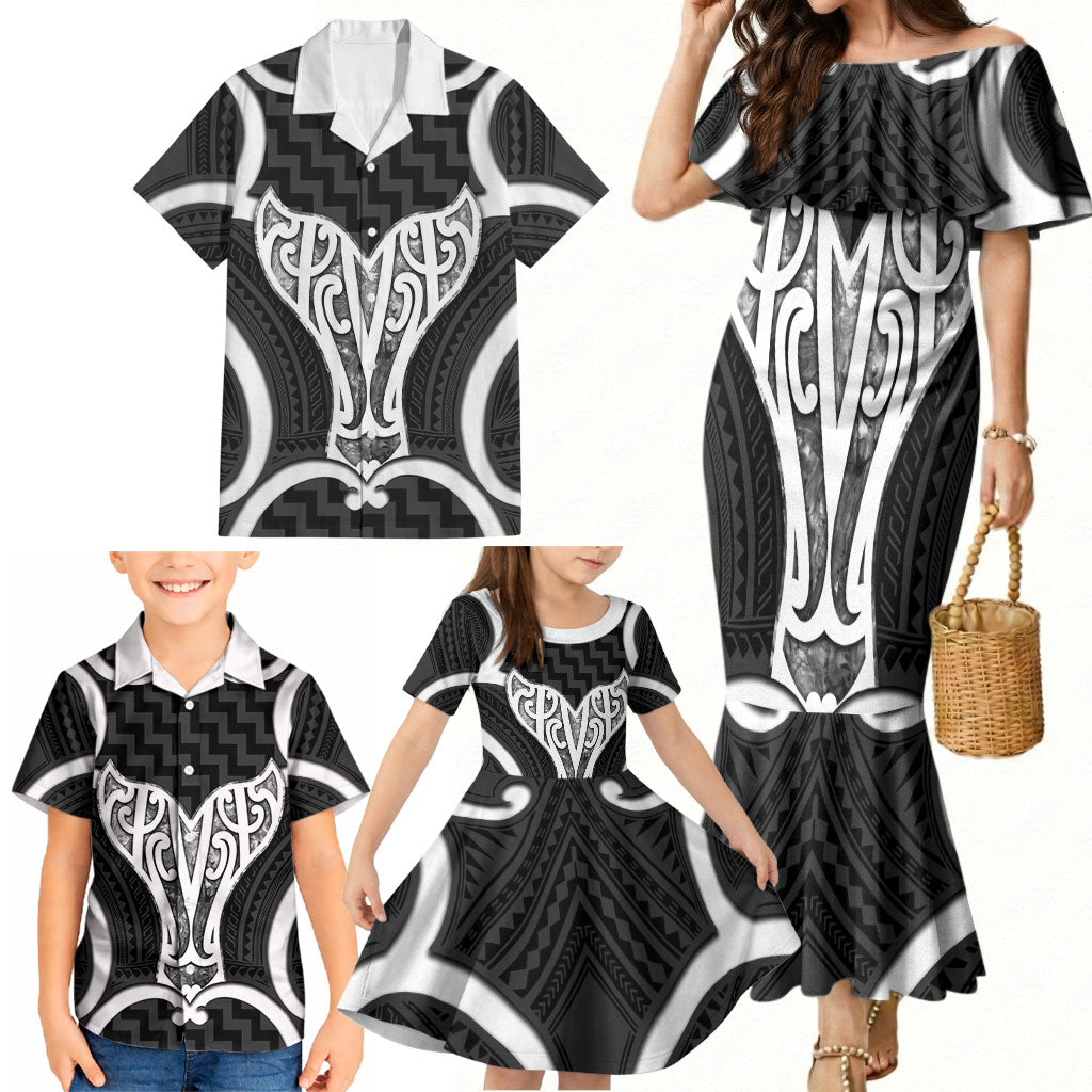 Aotearoa Atua Tangaroa Personalised Family Matching Mermaid Dress and Hawaiian Shirt God Of The Sea Maori Whale Tail Black