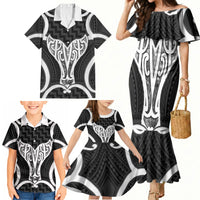 Aotearoa Atua Tangaroa Personalised Family Matching Mermaid Dress and Hawaiian Shirt God Of The Sea Maori Whale Tail Black