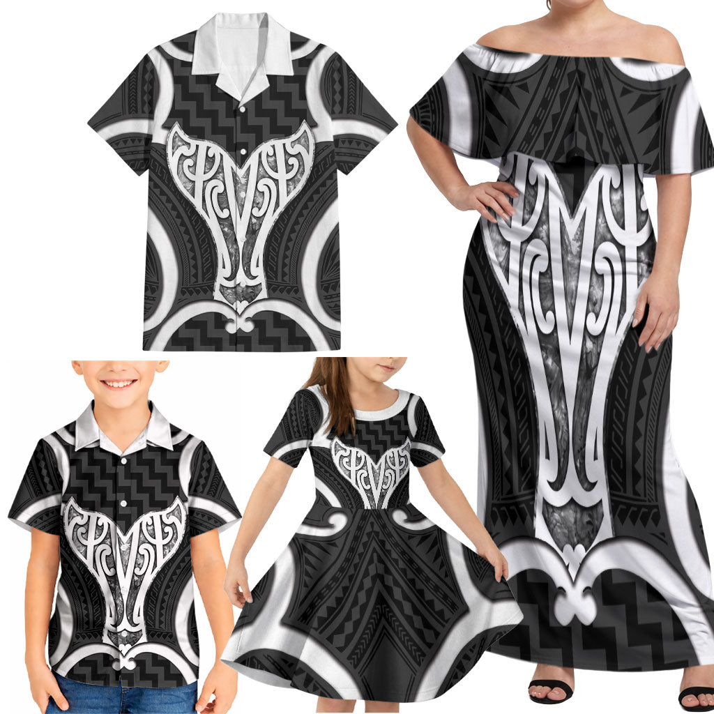 Aotearoa Atua Tangaroa Personalised Family Matching Off Shoulder Maxi Dress and Hawaiian Shirt God Of The Sea Maori Whale Tail Black