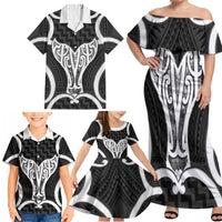 Aotearoa Atua Tangaroa Personalised Family Matching Off Shoulder Maxi Dress and Hawaiian Shirt God Of The Sea Maori Whale Tail Black