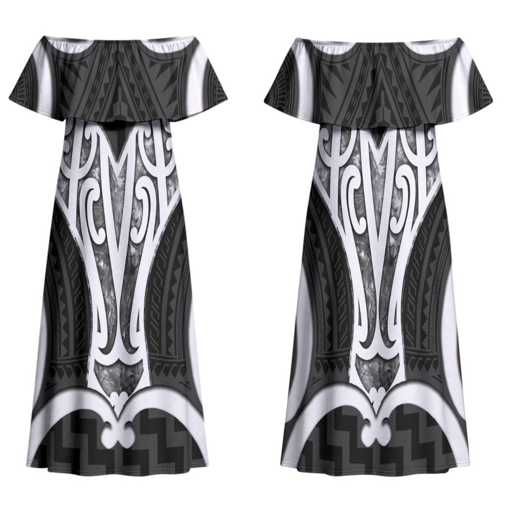 Aotearoa Atua Tangaroa Personalised Family Matching Off Shoulder Maxi Dress and Hawaiian Shirt God Of The Sea Maori Whale Tail Black