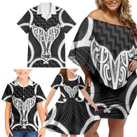 Aotearoa Atua Tangaroa Personalised Family Matching Off Shoulder Short Dress and Hawaiian Shirt God Of The Sea Maori Whale Tail Black