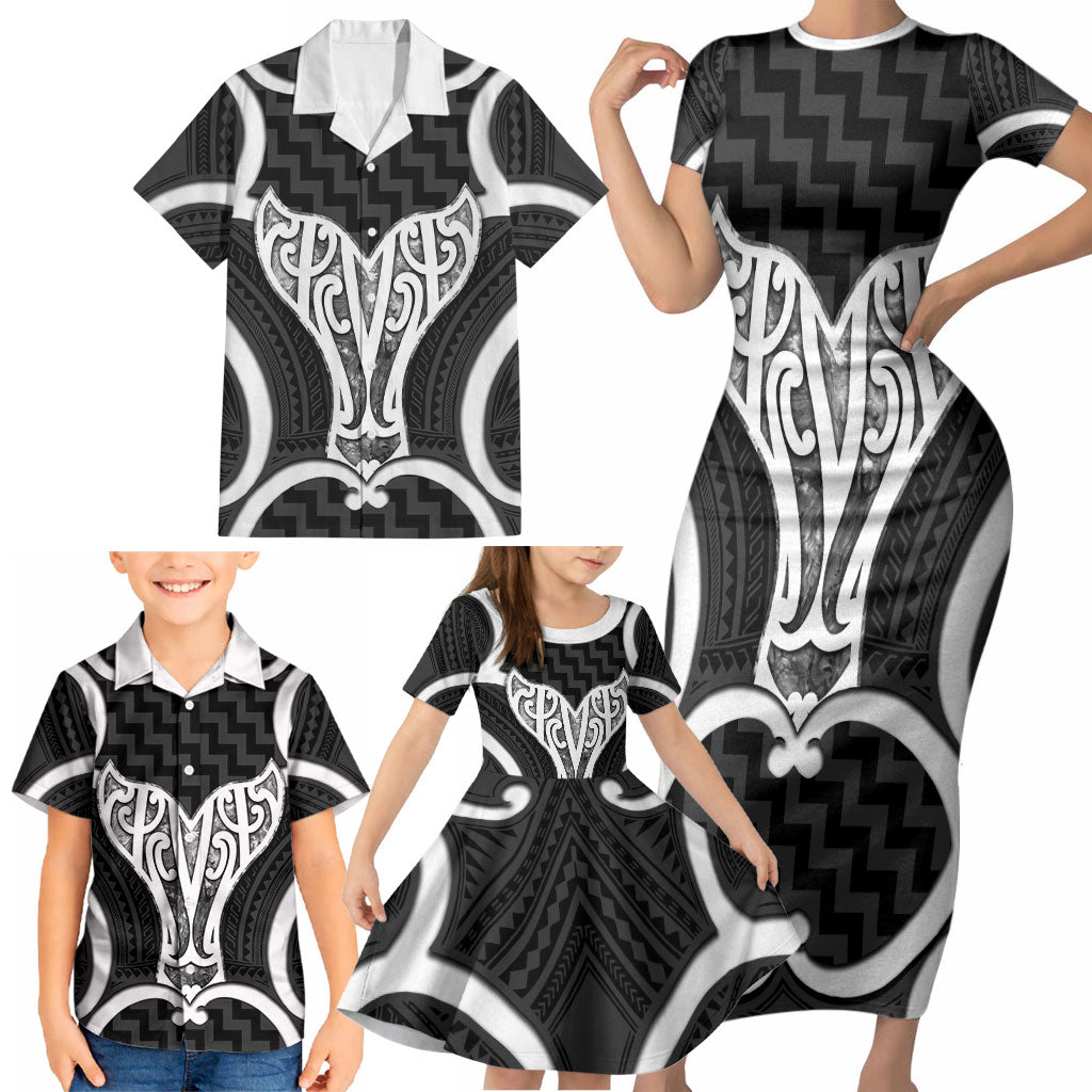 Aotearoa Atua Tangaroa Personalised Family Matching Short Sleeve Bodycon Dress and Hawaiian Shirt God Of The Sea Maori Whale Tail Black