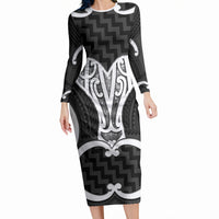 Aotearoa Atua Tangaroa Personalised Long Sleeve Bodycon Dress God Of The Sea Maori Whale Tail Black